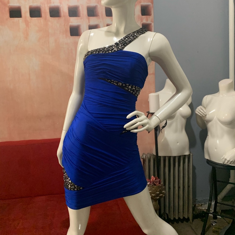 Bebé ruched blue pewter embellished dress